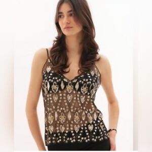 Beaded Black and Gold Sheer Tank Top